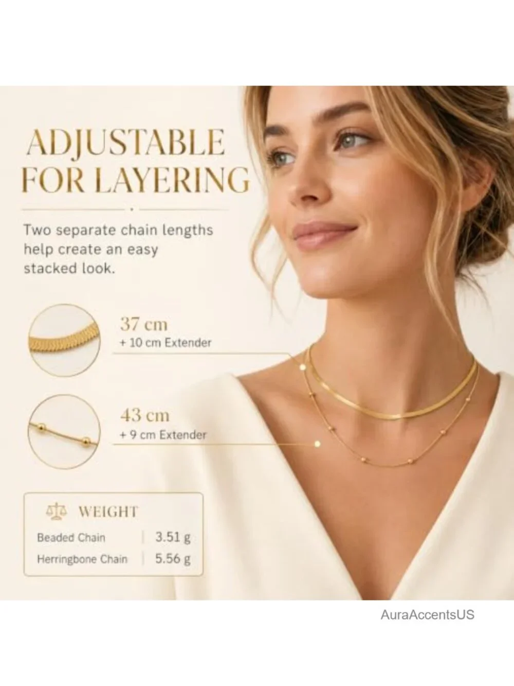 Gold Plated Stainless Steel 2 Piece Layered Necklace Set Snake Chain Dainty